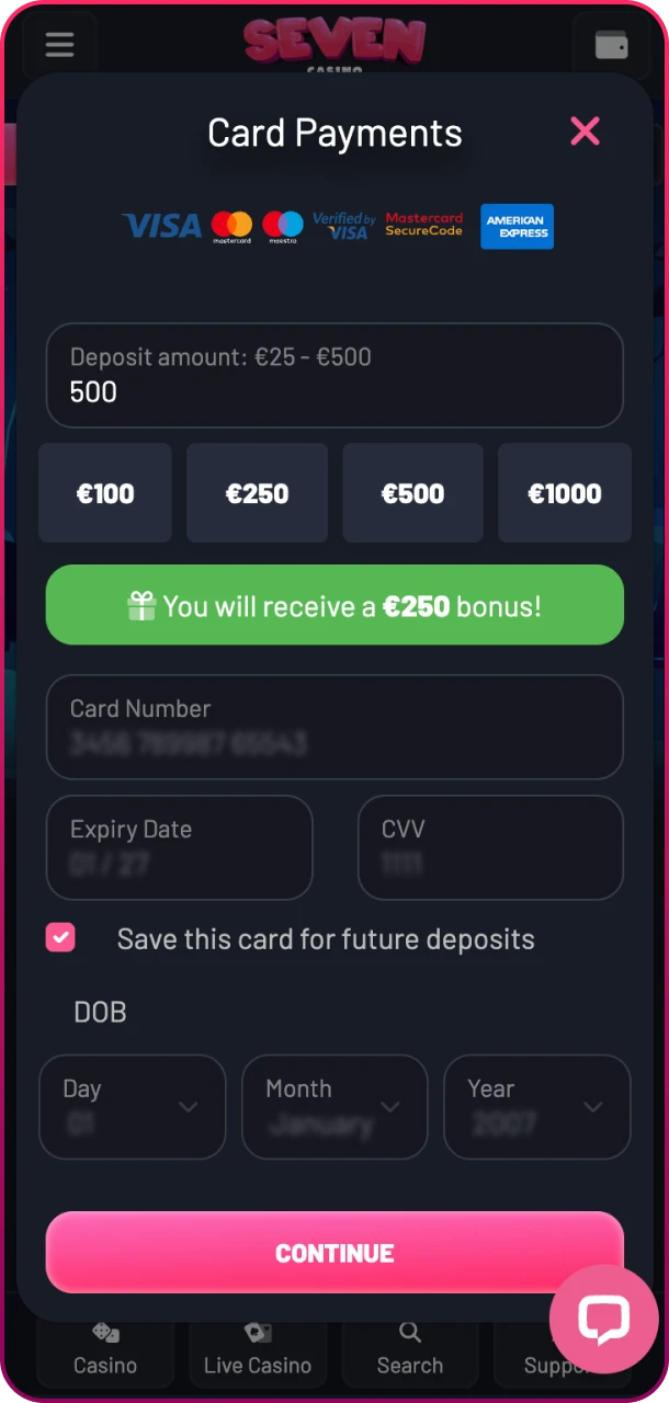 Confirm your deposit and enjoy games at Seven Casino.