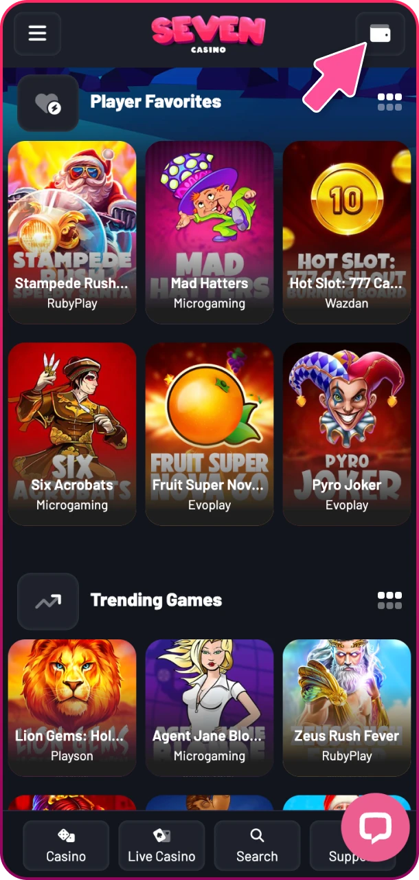 Go to the deposit section at Seven Casino.