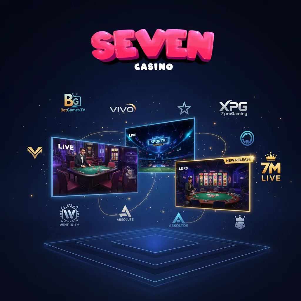 Seven Casino providers: BetGames.TV, Vivo Gaming, Winfinity, XPG, Absolute, 7Mojos logos; new games added via direct deals.