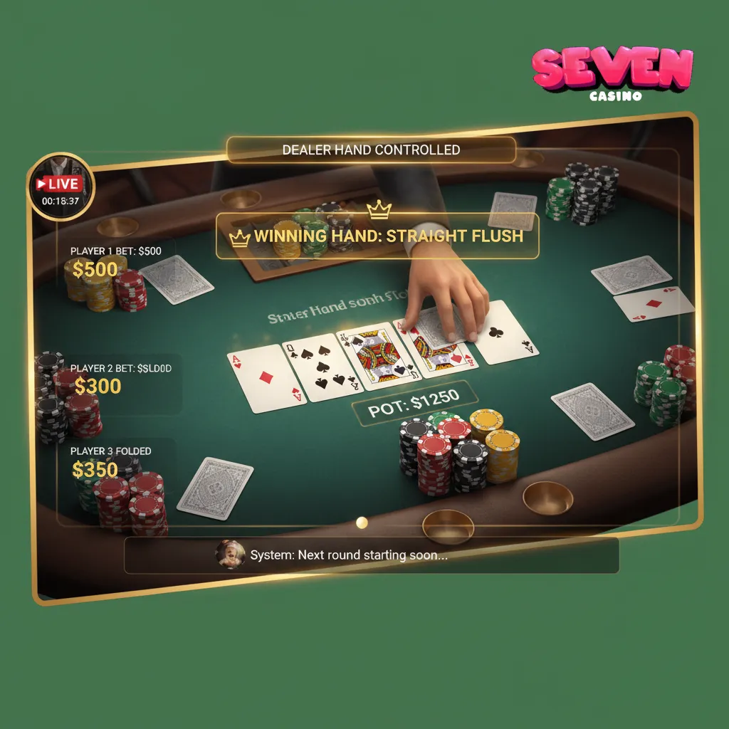 Live poker table with dealer managing hands; players compare card combinations, broadcast displays hands.