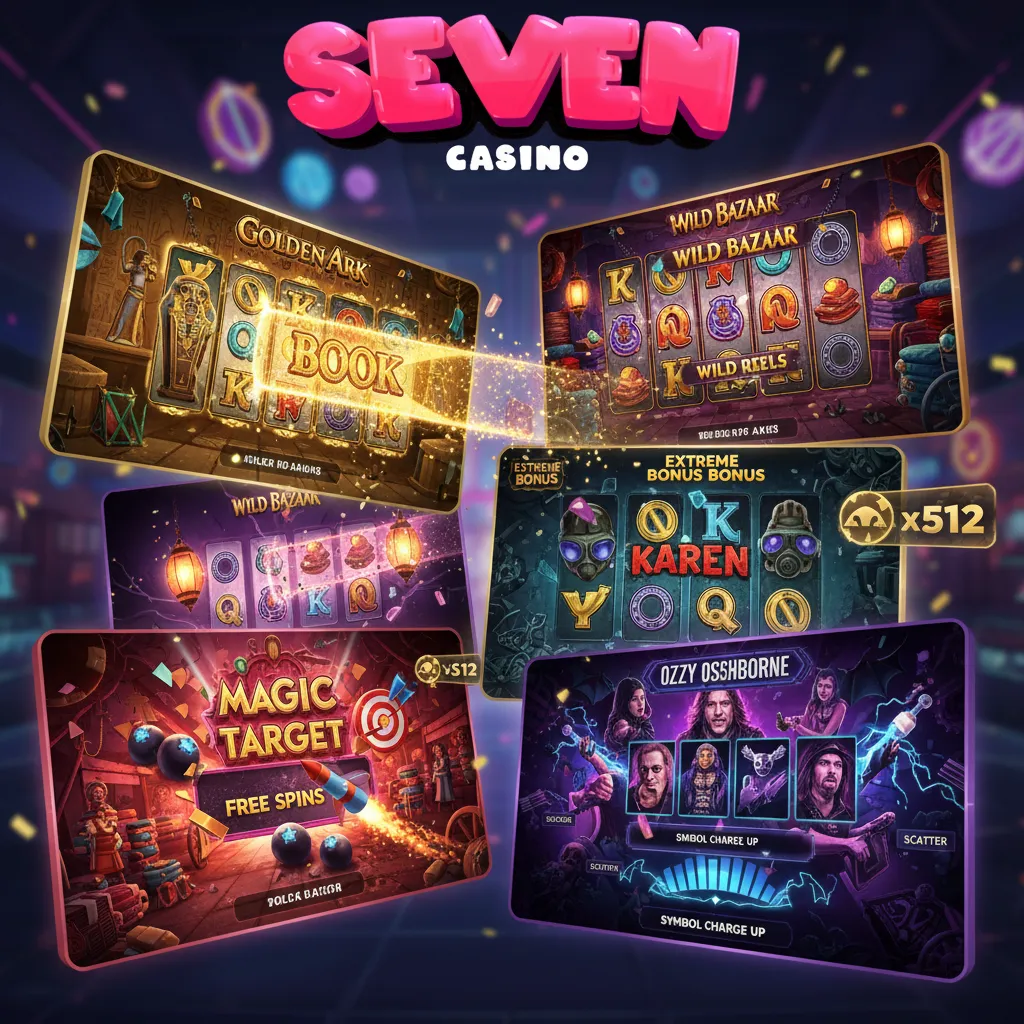 Seven Casino premium slots: Golden Ark, Wild Bazaar, Karen Maneater, Magic Target, Ozzy Osbourne; bonus features.