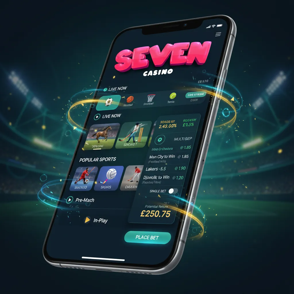 Seven Casino mobile sports betting app with pre-match and live odds, icons for football, tennis, cricket, horse racing.