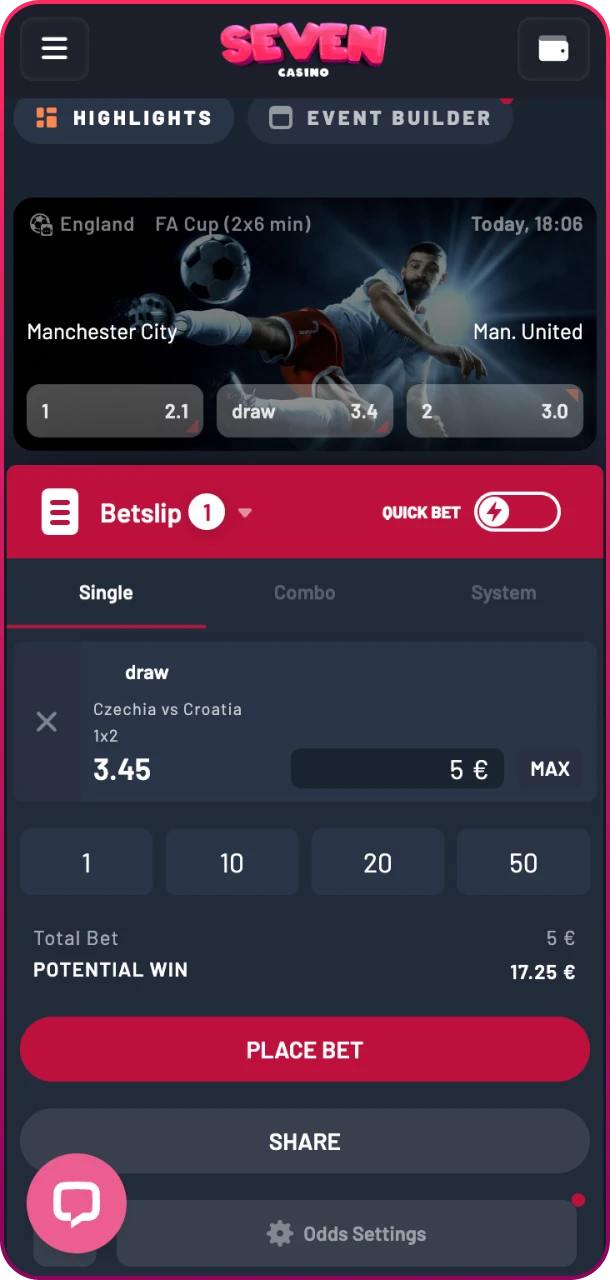 Confirm your bet and cheer for victory at Seven Casino.