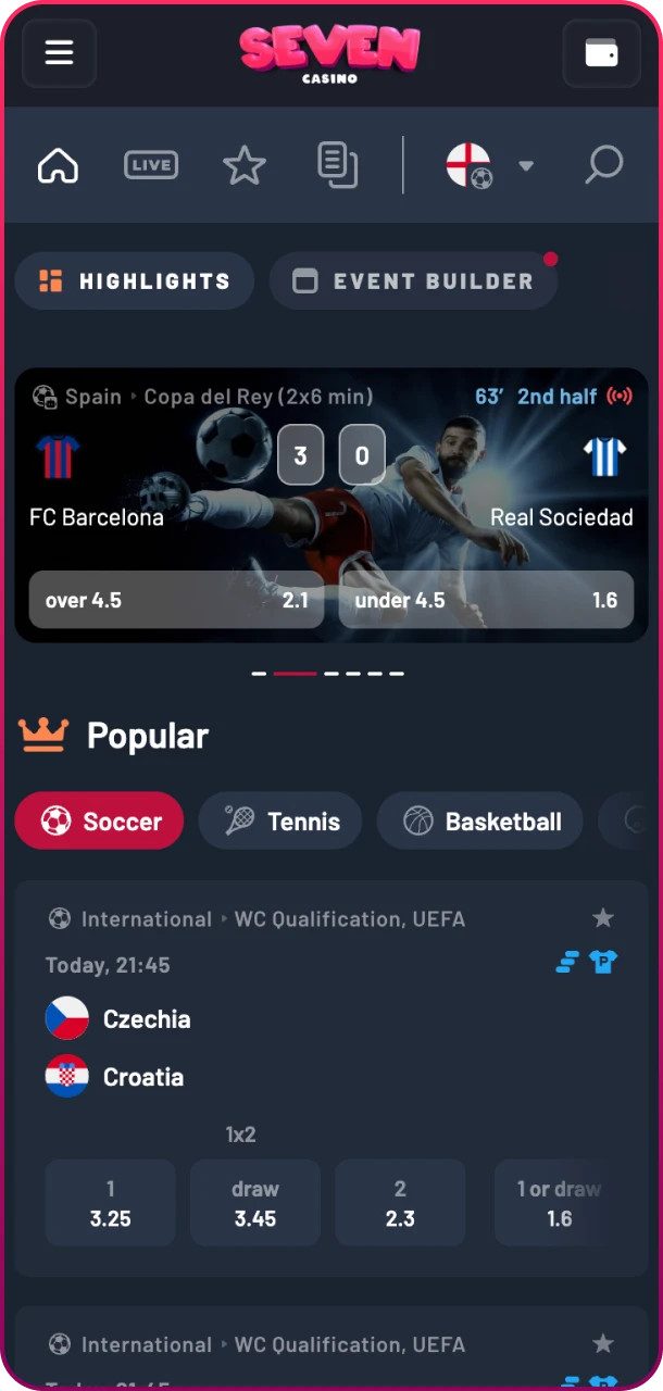 Select your favorite match and bet at Seven Casino.