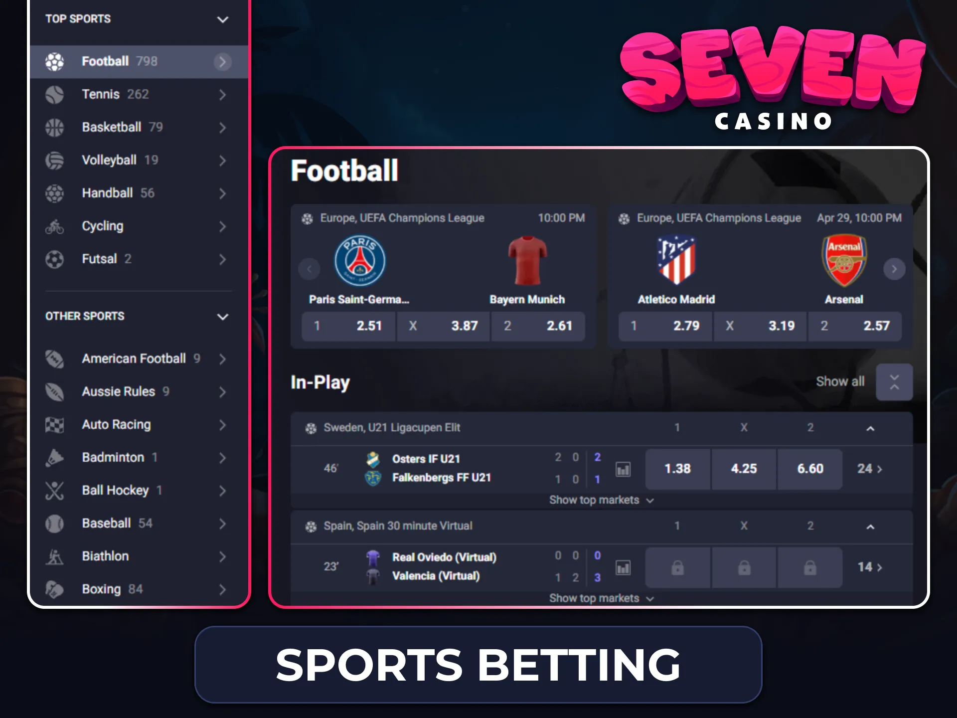 Sports betting page with pre-match and live odds for football, basketball, hockey, tennis, MMA, eSports, and horse racing.